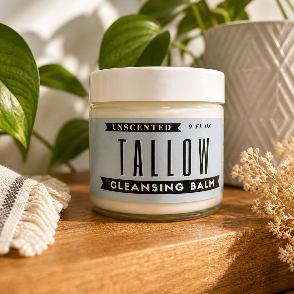 Unscented Tallow Cleansing Balm 9oz | Natural Makeup Remover & Deep Moisturizing Cleanser | Grass-Fed Beef Tallow with Castor Oil